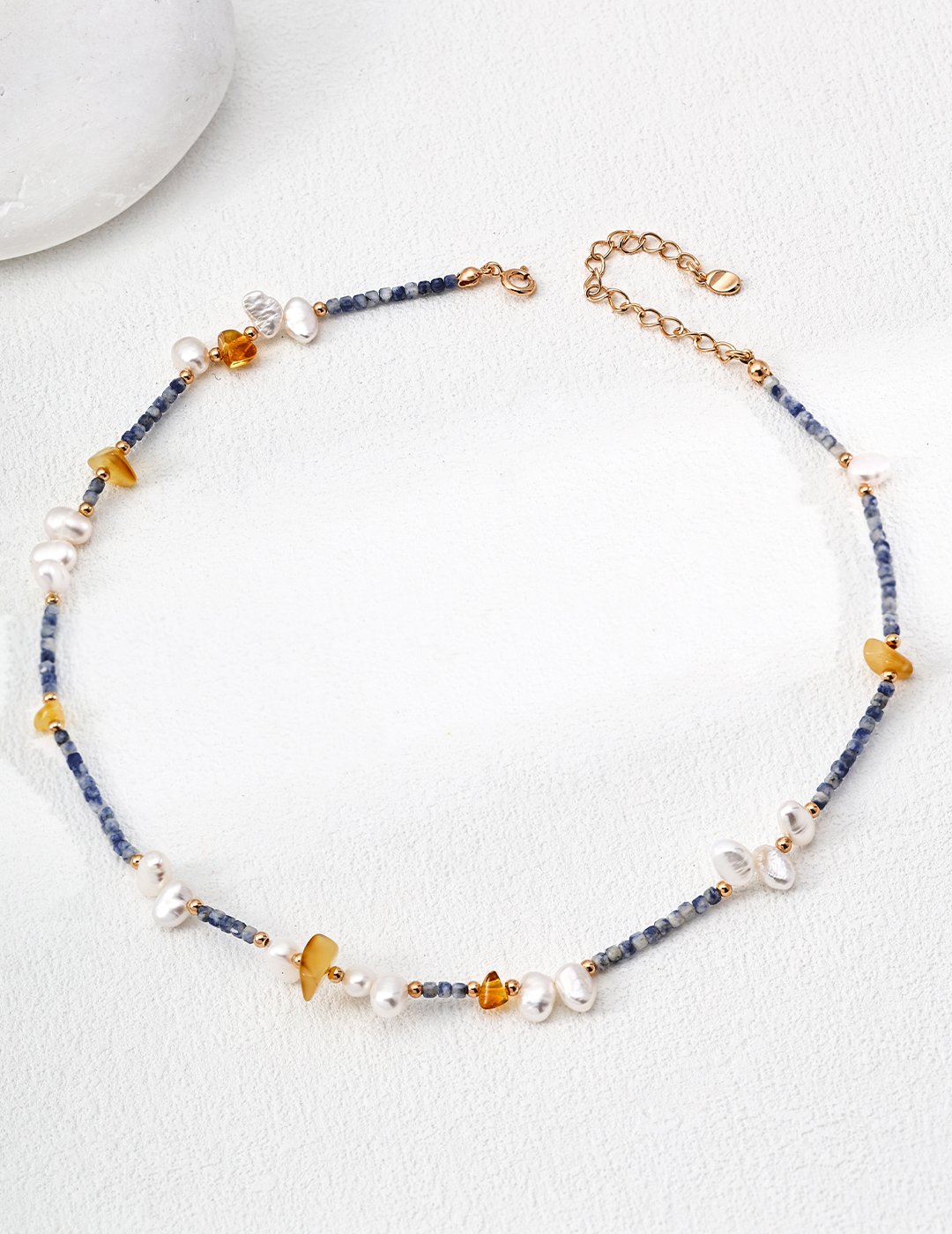 Natural Pearl & Blue Dot Stone Wax Necklace | S925 Silver Retro Gold Design