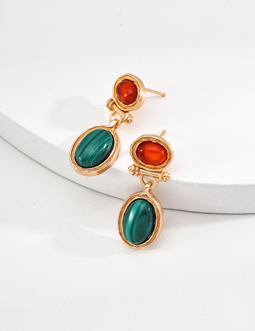 Fire & Earth Elegance- Vintage Malachite & Red Agate Dangle Earrings