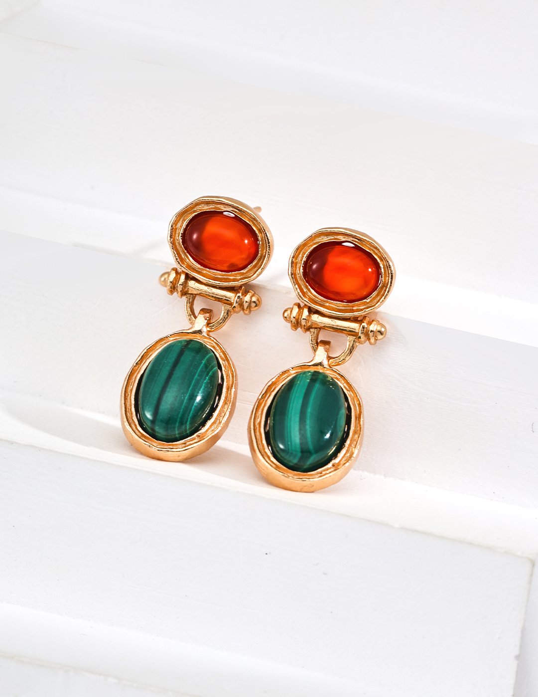 Fire & Earth Elegance- Vintage Malachite & Red Agate Dangle Earrings - Image 5