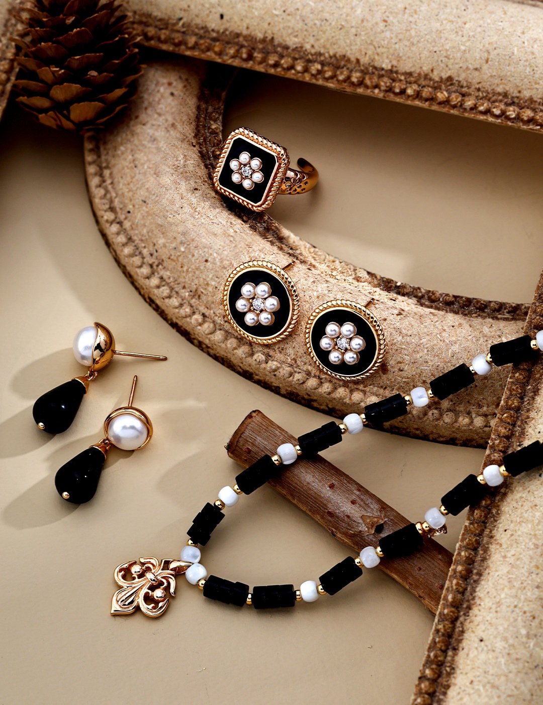 Blooming Elegance - Sterling Silver Black Drip Glaze Pearl Flower Earrings - Image 7